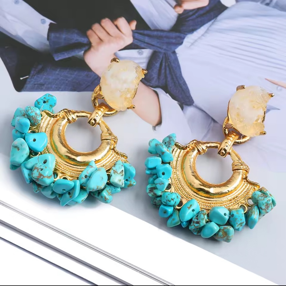Earrings Bohemian Turquoise Resin Stone Statement Earrings 
Bold Dangle Hoops - Picture 4 of 5